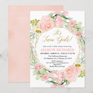 Twins girls baby shower, floral blush pink gold invitation