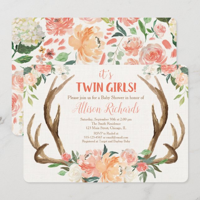 Twins girls baby shower invitation deer antlers (Front/Back)