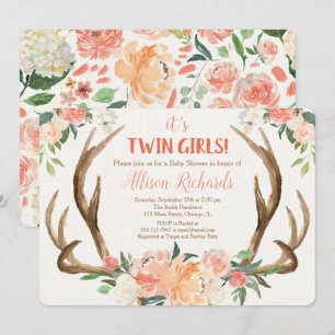 Twins girls baby shower invitation deer antlers