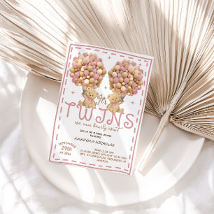 Twins Girls Bear Pink Balloon Baby Shower Invitation