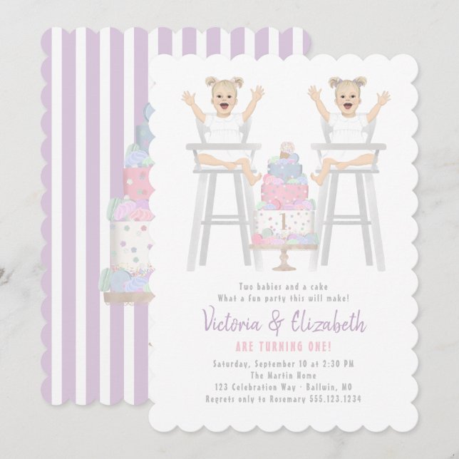 Twins Girls Birthday Smash Cake Invitation (Front/Back)