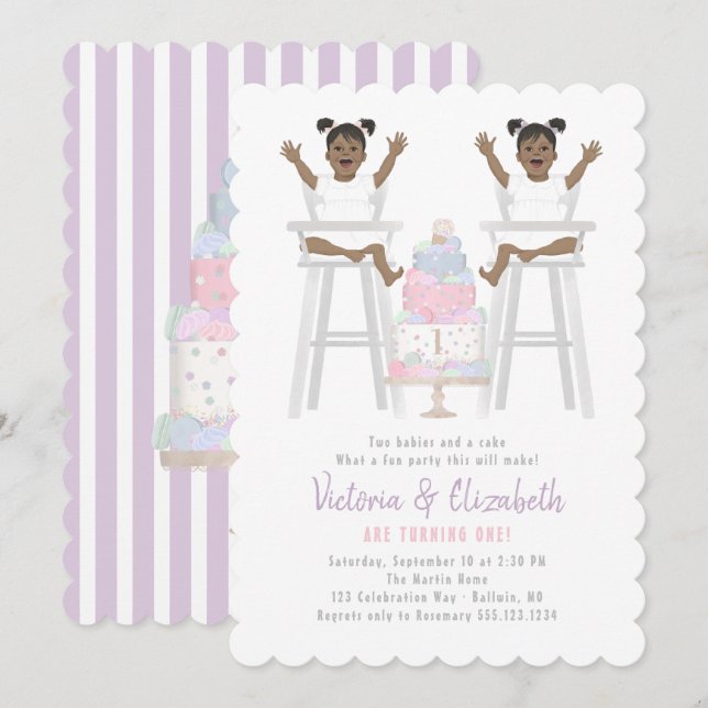 Twins Girls Birthday Smash Cake Invitation (Front/Back)