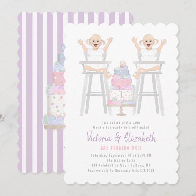 Twins Girls Birthday Smash Cake Invitation (Front/Back)