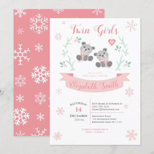 Twins Girls Cute bear winter baby shower Invitation