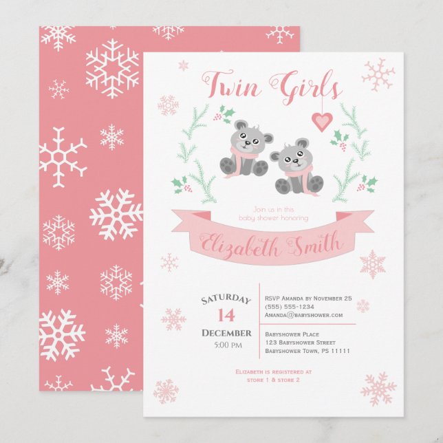 Twins Girls Cute bear winter babyshower Invitation (Front/Back)