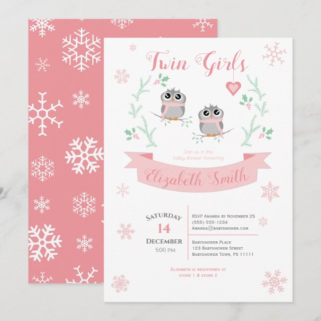 Twins Girls Cute owls winter babyshower Invitation (Front/Back)