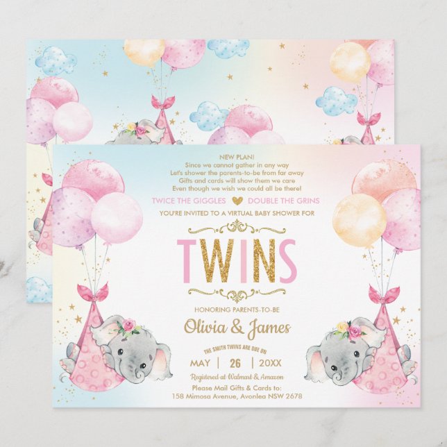Twins Girls Elephant Virtual Baby Shower by Mail Invitation (Front/Back)