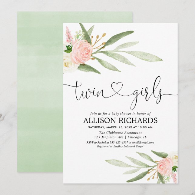 Twins girls, greenery gold pink floral baby shower invitation (Front/Back)