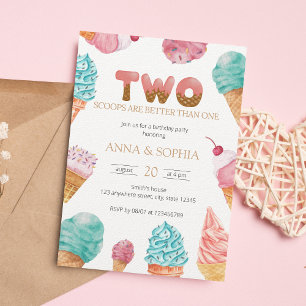 Twins Girls Ice Cream Birthday Party Invitation