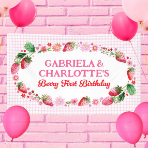 Twins Girl's Joint Strawberries Berry 1st Birthday Banner