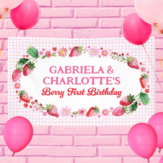 Twins Girl's Joint Strawberries Berry 1st Birthday Banner (Twins Girl's Joint Strawberries Berry 1st Birthday Banner)