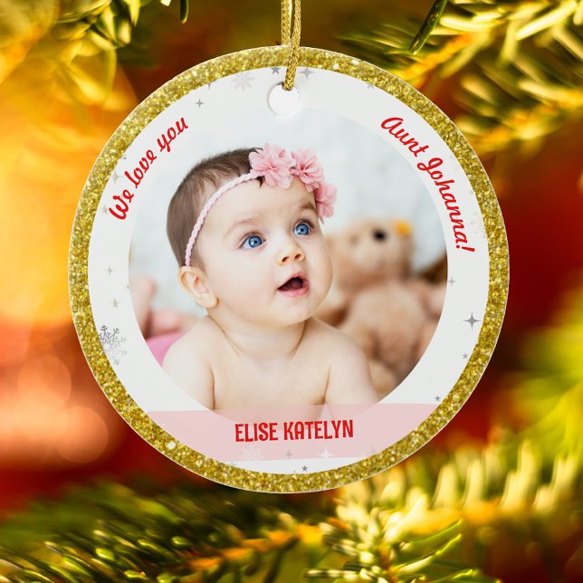 Twins Girls Photos Aunt Cute First Christmas Baby  Ceramic Tree Decoration (Modern Elegant Cute We love you, Aunt! First Christmas Twin Baby Girls 2 Photos Golden Faux Glitter)