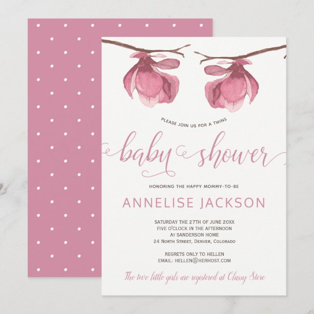 Twins girls pink white floral baby shower invitation (Front/Back)