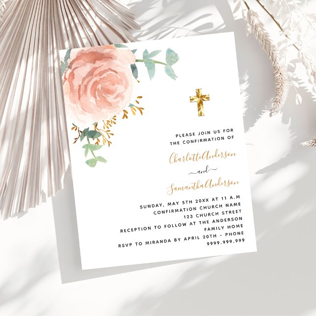 Twins girls rose budget Confirmation invitation (Creator Uploaded)