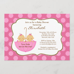 Twins Girls Umbrella Baby Shower Invitation Pink