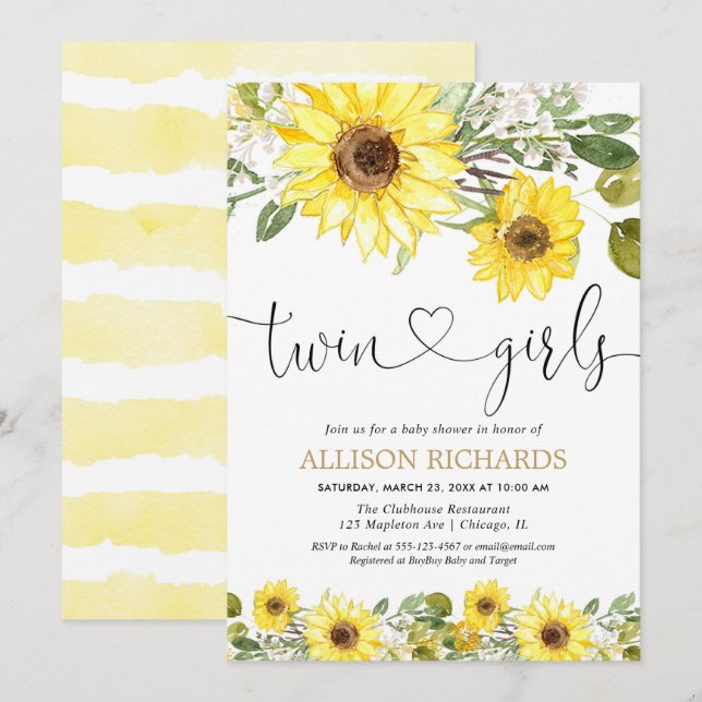 Twins girls yellow sunflower greenery baby shower invitation (Front/Back)