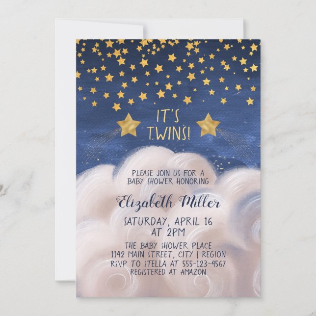 Twins Gold Shooting Stars Baby Shower Invitation (Front)