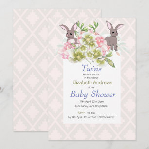 Twins Grey and Pink Floral Bunny Shower Invitation