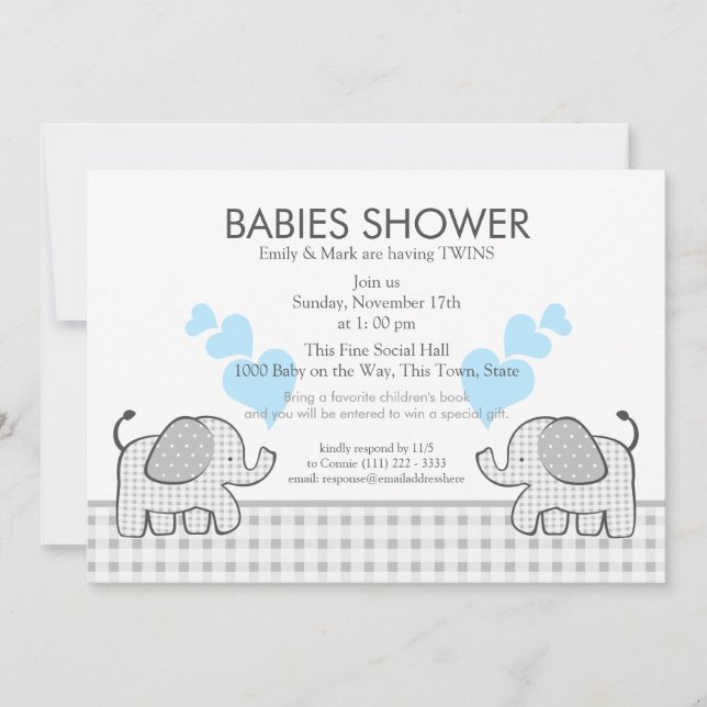 Twins Grey Gingham Blue Baby Shower Invitation (Front)