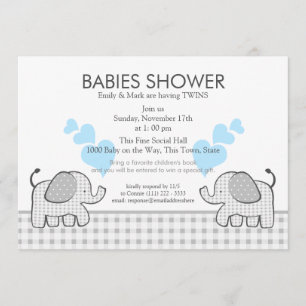 Twins Grey Gingham Blue Baby Shower Invitation
