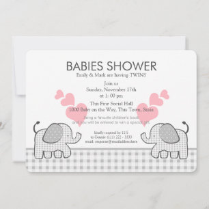 Twins Grey Pink Gingham Baby Shower Invitation