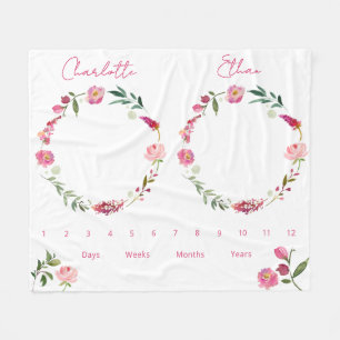 Twins Growth Tracker Watercolor Floral Newborn Fleece Blanket