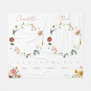 Twins Growth Tracker Watercolor Floral Newborn Fleece Blanket
