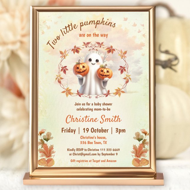 Twins Halloween Pumpkin Ghost Neutral Baby Shower Invitation (Twins Halloween Pumpkin Ghost Neutral Baby Shower Invitation)