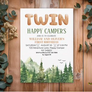 Twins Happy Campers Wood Green Forest 1st Birthday Invitation