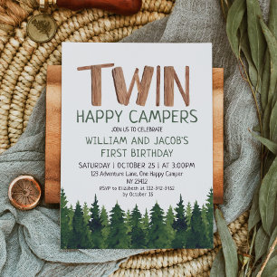 Twins Happy Campers Woodland Boys 1st Birthday  Invitation