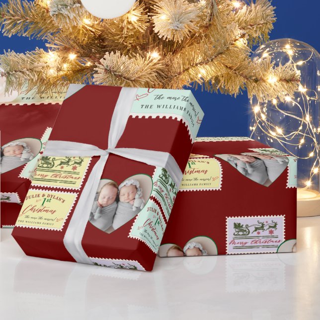 Twins Heart Photo Baby Merry 1st Christmas Stamps Wrapping Paper (Holidays)
