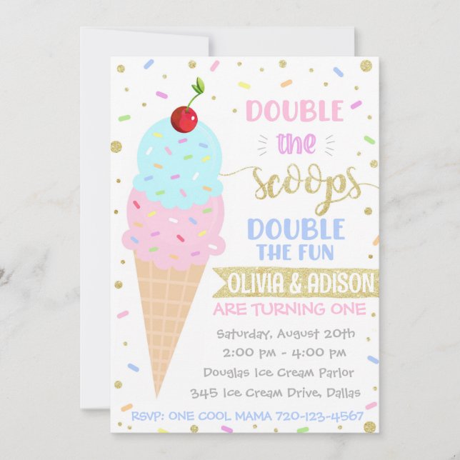 Twins Ice Cream Invitation, Twins Birthday Invitation (Front)