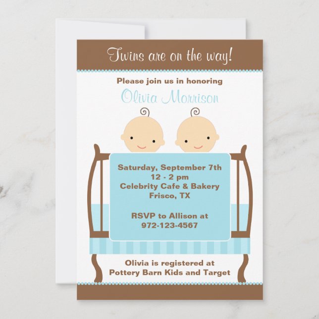 Twins in Blue Crib Invitations (Front)