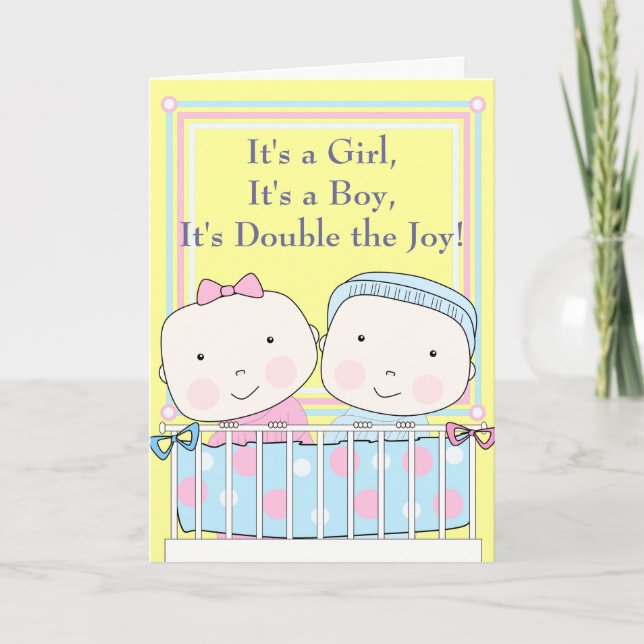 Twins in Crib, Girl and Boy Baby Announcement (Front)
