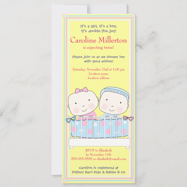 Twins in Crib, Girl and Boy Baby Shower Invitation (Front)