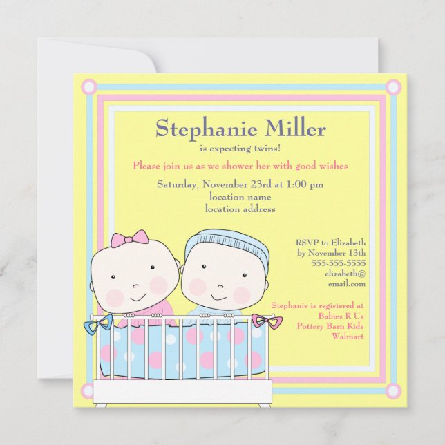 Twins in Crib, Girl and Boy Baby Shower Invitation (Front)