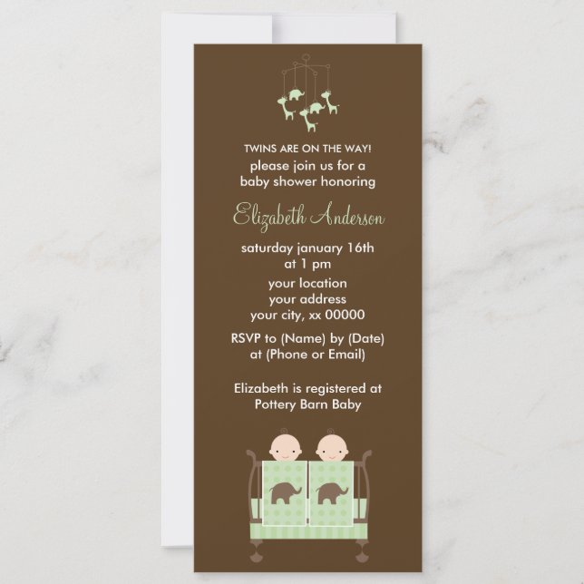 Twins in Green Crib Baby Shower Invitation (Front)
