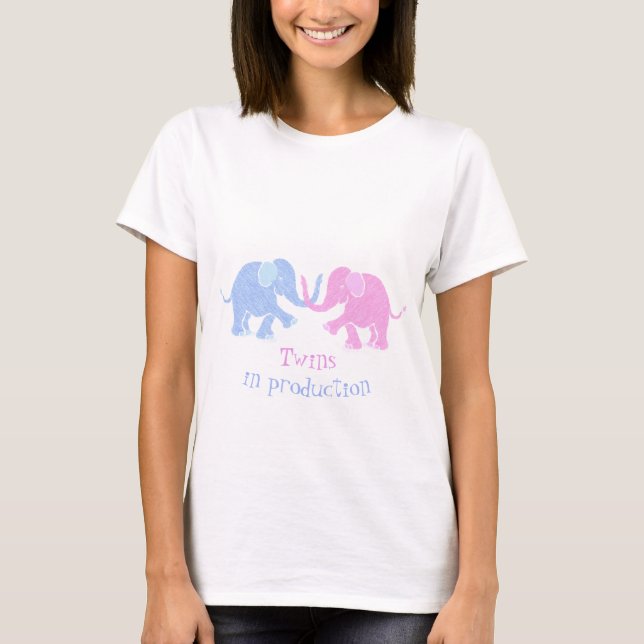 "Twins in Production" Blue and Pink Baby Elephants T-Shirt (Front)