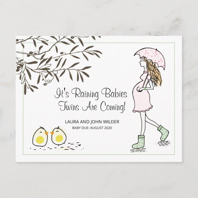Twins Its Raining Babies Gender Neutral Pregnancy Announcement Postcard (Front)