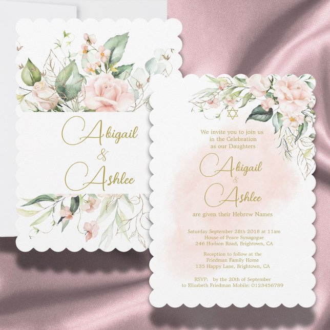 Twins Jewish Girl Baby Naming Watercolor Floral Invitation (Creator Uploaded)