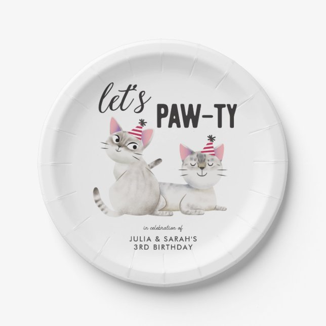 Twins Joint Birthday Lets Pawty Cats Paper Plate (Front)