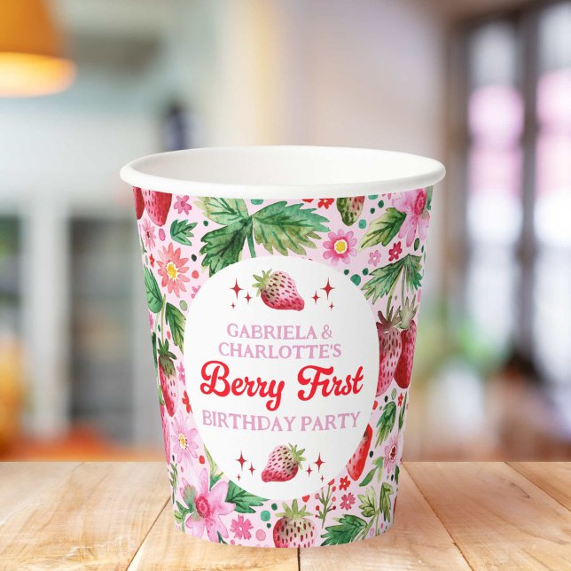 Twins Joint Strawberry Berry 1st Birthday Girls Paper Cups (Twins Joint Strawberry Berry 1st Birthday Girls Paper Cups)