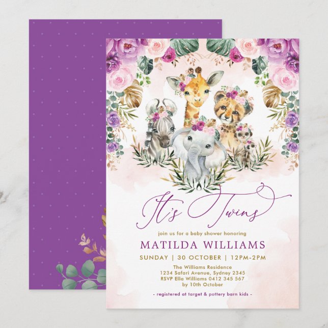 Twins Jungle Safari Animals Boho Girl Baby Shower Invitation (Front/Back)