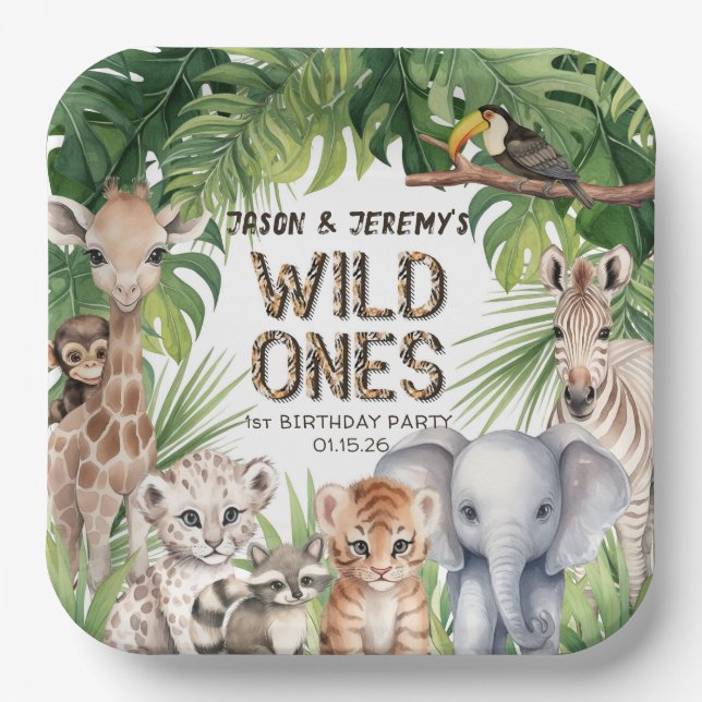 Twins Jungle safari animals wild one 1st birthday Paper Plate (Front)