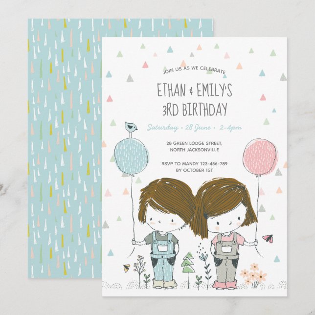 Twins Kids Birthday Invitation whimsical (Front/Back)