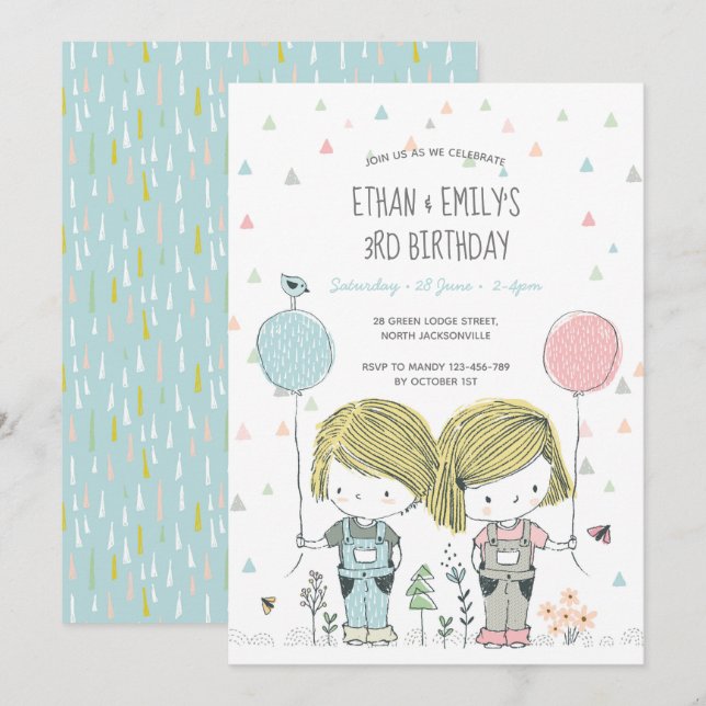 Twins Kids Birthday Invitation whimsical (Front/Back)