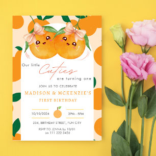 Twins Little Cuties Orange 1st First Birthday Invitation