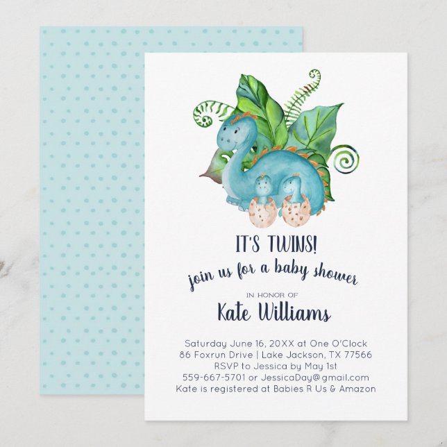 Twins Little Dinosaurs Baby Shower Invitation (Front/Back)