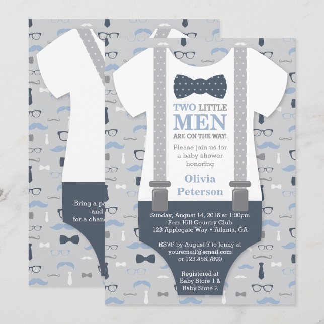 Twins Little Man Baby Shower Invitation, Blue Grey Invitation (Front/Back)