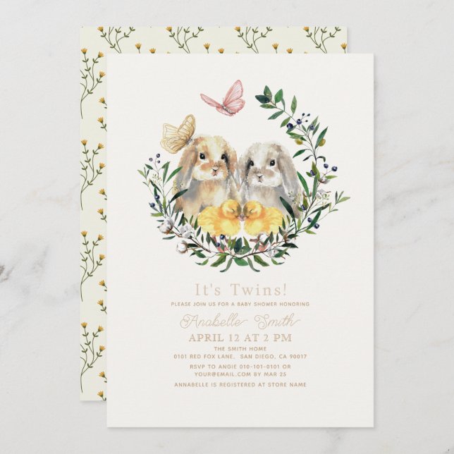 Twins Lop Rabbit Bunny Chick Butterfly Baby Shower Invitation (Front/Back)
